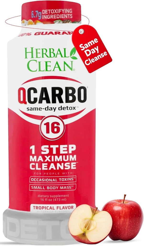 Herbal Clean Qcarbo16 Same-Day Detox Cleanse Drink (16 fl oz) - Tropical Flavor Full Body Cleanse* Detox Drink for Moderate Toxin Level*, Vitamin B2 and Vitamin B12 for Men & Women