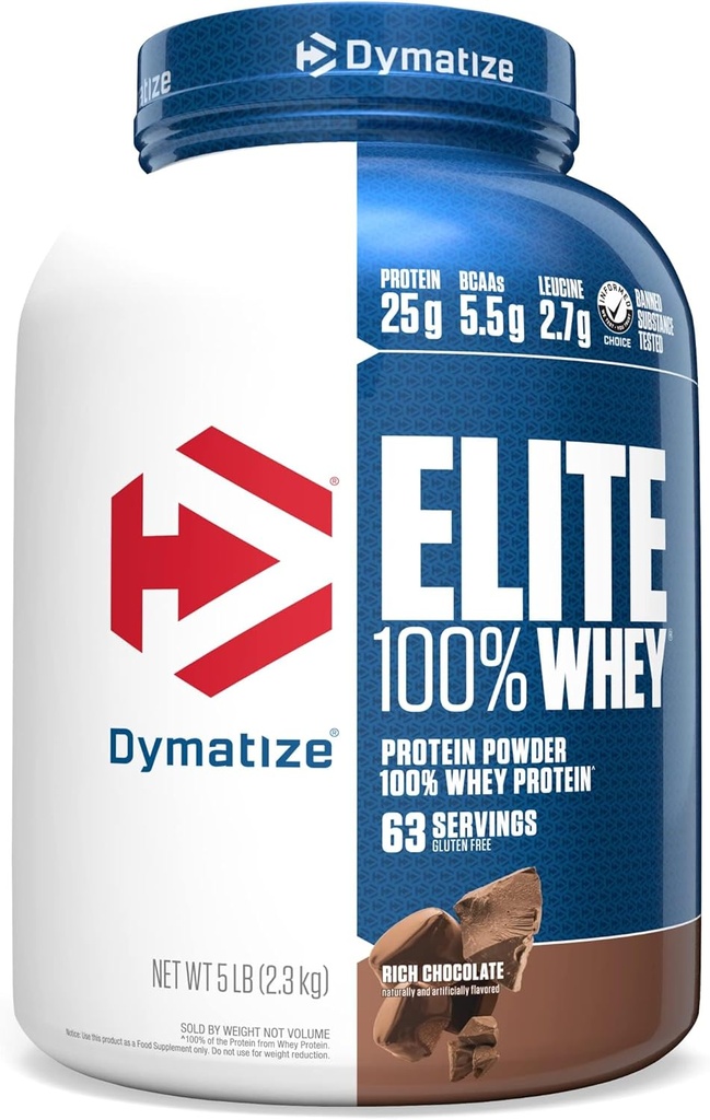 Dymatize Elite 100% Whey Protein Powder, 25g Protein, 5.5g BCAAs " 2.7 L-Leucine, Quick Absorbing " Fast Digesting for Optimal Muscle Recovery, Rich Chocolate, 5 libras (63 piezas)