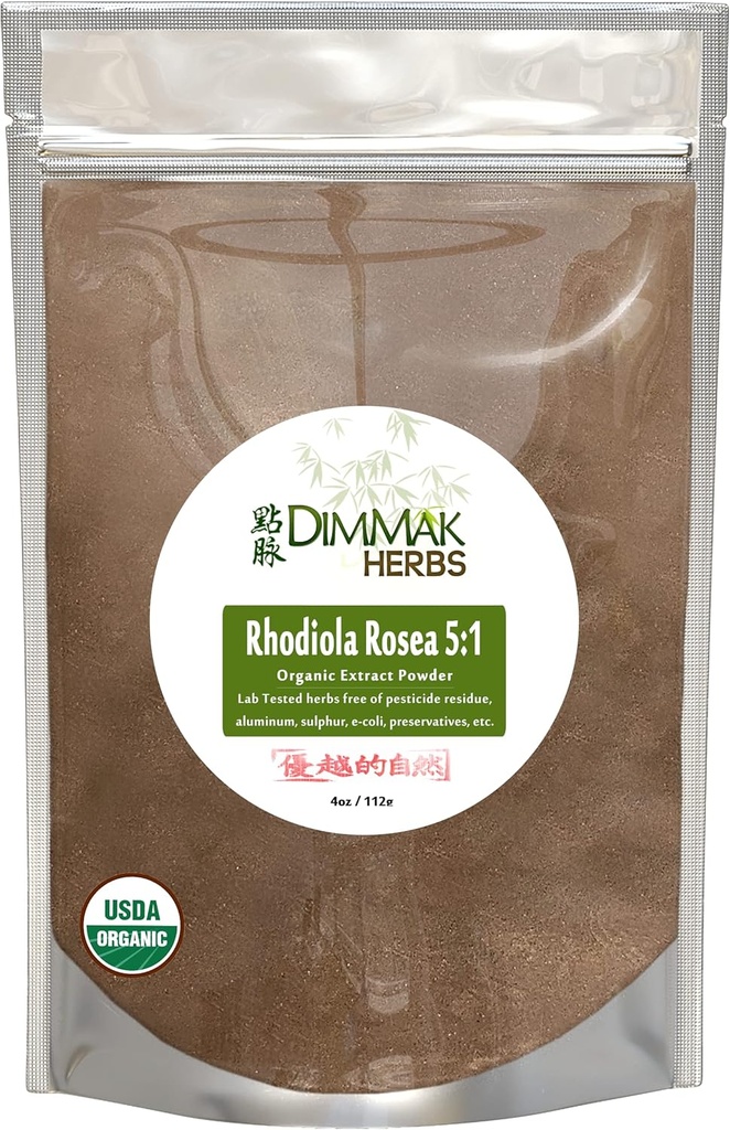 Orgánica Rhodiola Rosea Powder Extracto 5:1 4 onzas  durable Hong Jing Tian Concentrate ← Lab Tested Extract Powder 112 Gram Bolsa Resealable añadir a Agua o Smoothie por Dimmak Herbs