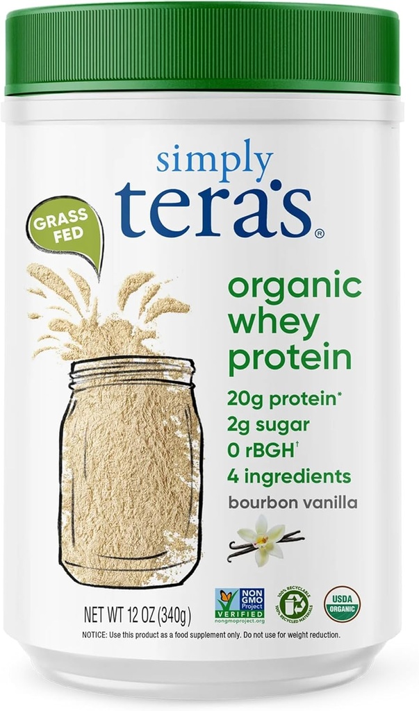 Simplemente el producto orgánico de tera Whey Protein Powder - Grass Fed Vanilla Whey Protein Powder, Clean, Made Without Artificial Sweeteners, Non-GMO, Kosher, rBGH-Free, Organic - 12 Oz.