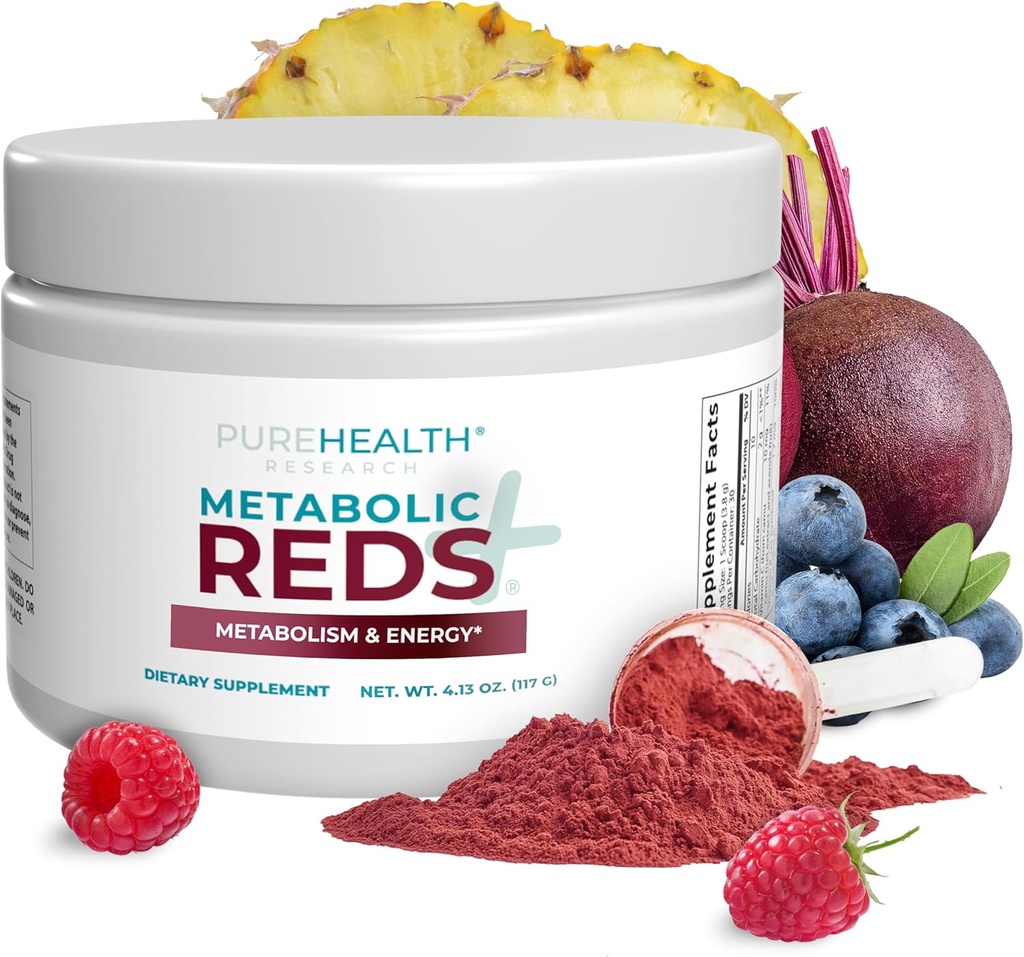 PUREHEALTH RESEARCH Reds Superfoods Powder - Sólo 10 Calories Fruta y Vegeta Adaptógeno Bebida con Beetroot, Polyphenols, Polvo Probiótico - Antioxidantes Suplemento de Energía, 30 Serviciones