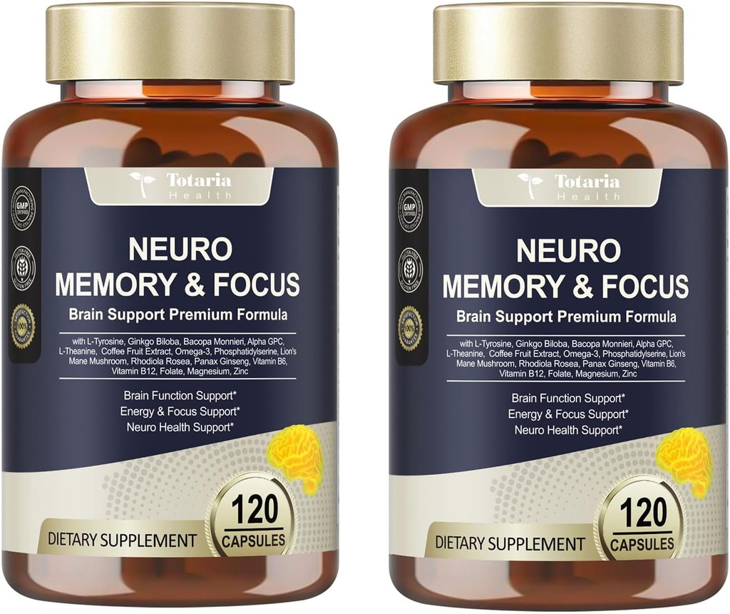 Totaria C-ognitive with Caffeine Pills, L-Tyrosine, Alpha GPC, Ginkgo Biloba, Bacopa Monnieri Brain Supplement for Memory and Focus, Brain Nootropic Support - Non-GMO, Gluten Free (120 Counts)