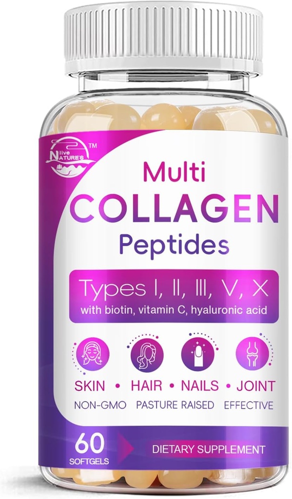 Multi Collagen Peptides Softgel - Tipo I, II, III, V, X - Péptidos de colágeno hidrolizado con biotina, vitamina C, ácido hialurónico, soporta uñas de pelo de piel, grano, no GMO, 60 Softgel, 1 Pack