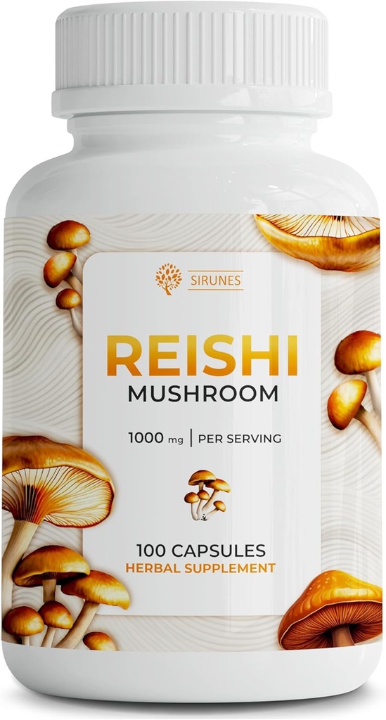 SIRUNES Reishi Mushroom Capsules – 100-Count Reishi Mushroom Suplemento para Estrés y Soporte Inmunitario – 1000mg Adaptógeno de alta resistencia Capsules Superalimentos de Mushroom – No GMO y Natural