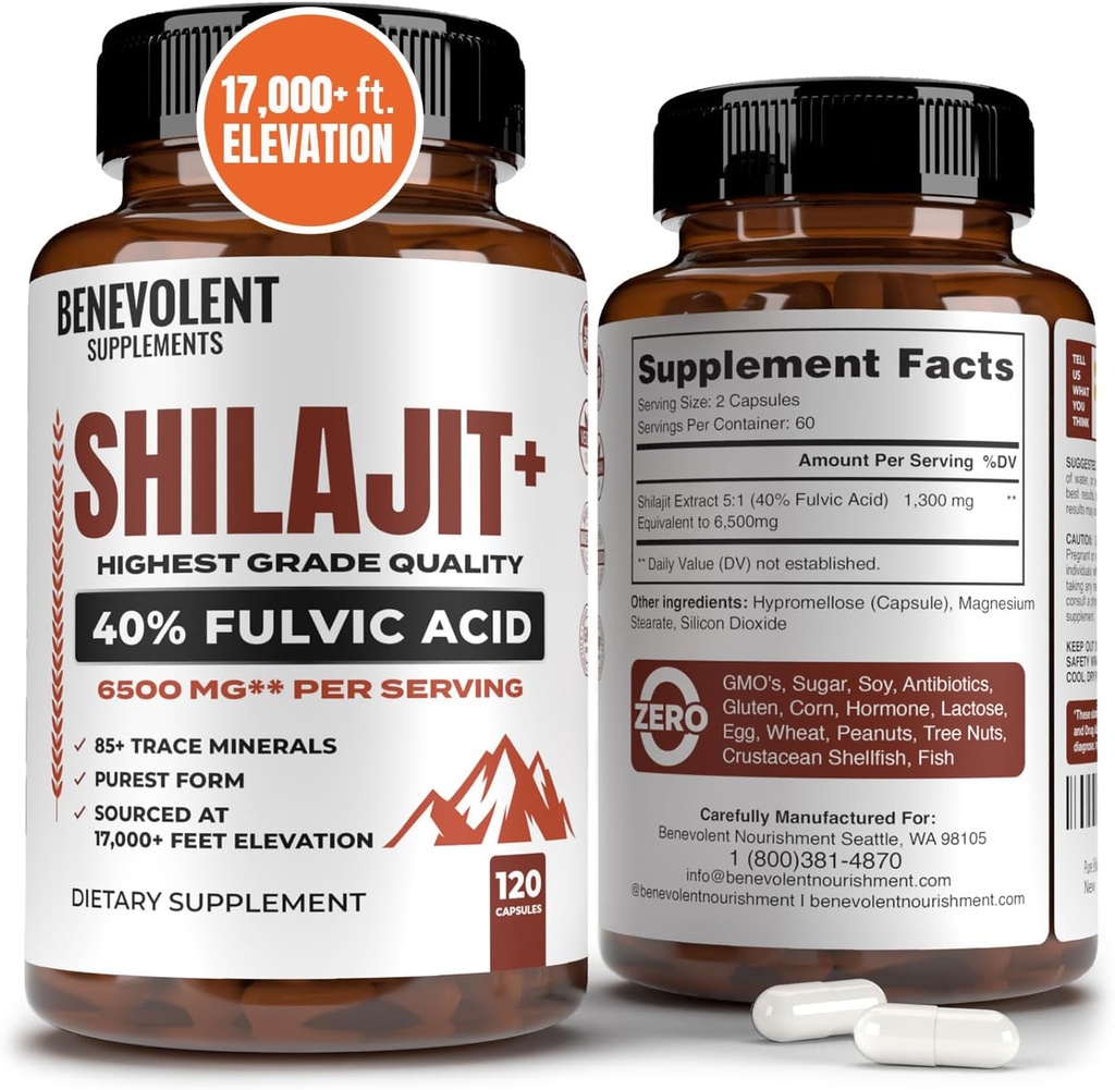 Suplemento Shilajit de 6,500 mg con 40% de ácido fúlvico (ausorción alta) Silencioso Suplemento Mineral Shilajit con 85+ Minerales Trace para Energía, Rendimiento &amp; Salud Inmune - 120 cápsulas