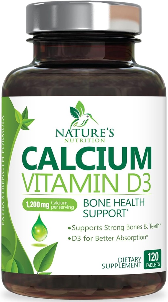 Suplemento de calcio 1200 mg - con vitamina D3 para la mejor absorción - Apoya la salud inmunitaria, los huesos y los dientes - Carbonato de calcio de la naturaleza + 1600 UI de D3 - Botellado en EE.UU. para hombres de mujeres - 120 Tabletas