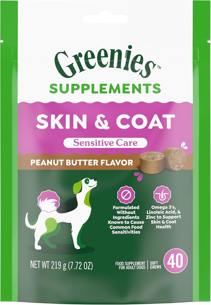 Greenies Sensitive Care Skin and Coat Supplement for Dogs with Fish Oil for Dogs Chicken-Free Formula Dog Suplemento, Peanut Butter Flavor, 40-Count Soft Chews