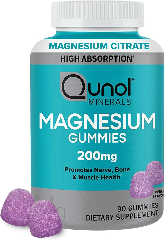 Gummies de magnesio qunol para adultos, 200 mg Magnesio Elemental (a partir de 1,750 mg Citrato de magnesio), Suplemento de magnesio de alta absorción, soporta Nerve, Bone y Muscle Health, Vegetariano, 90 Condes