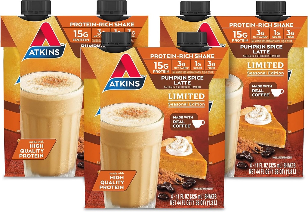 Atkins Pumpkin Spice Latte, 15g Protein, 3g Net Carbs, 1g Sugar, Low Glycemic, Keto Friendly, 12 Conde