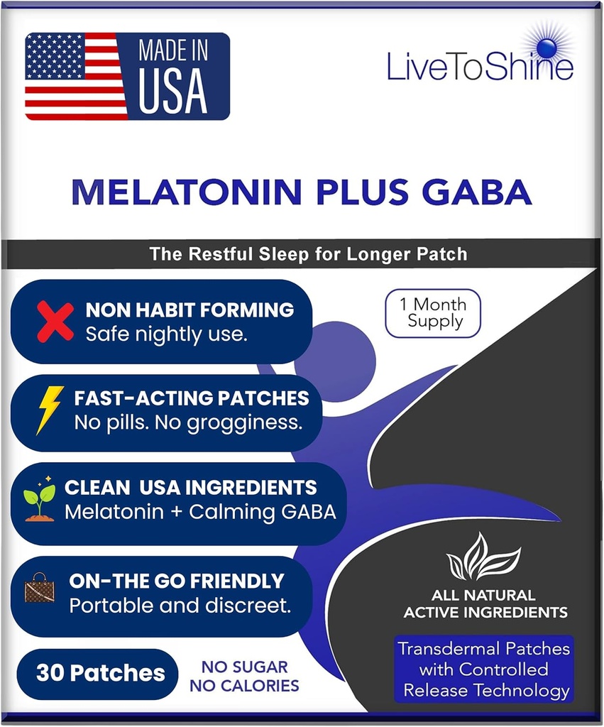 Live To Shine Melatonin Patches for Sleep - Plus GABA to Calm Busy Brains Fast - Perfect Combo for Men and Women - Slow Release - 30 Patches - USA Made