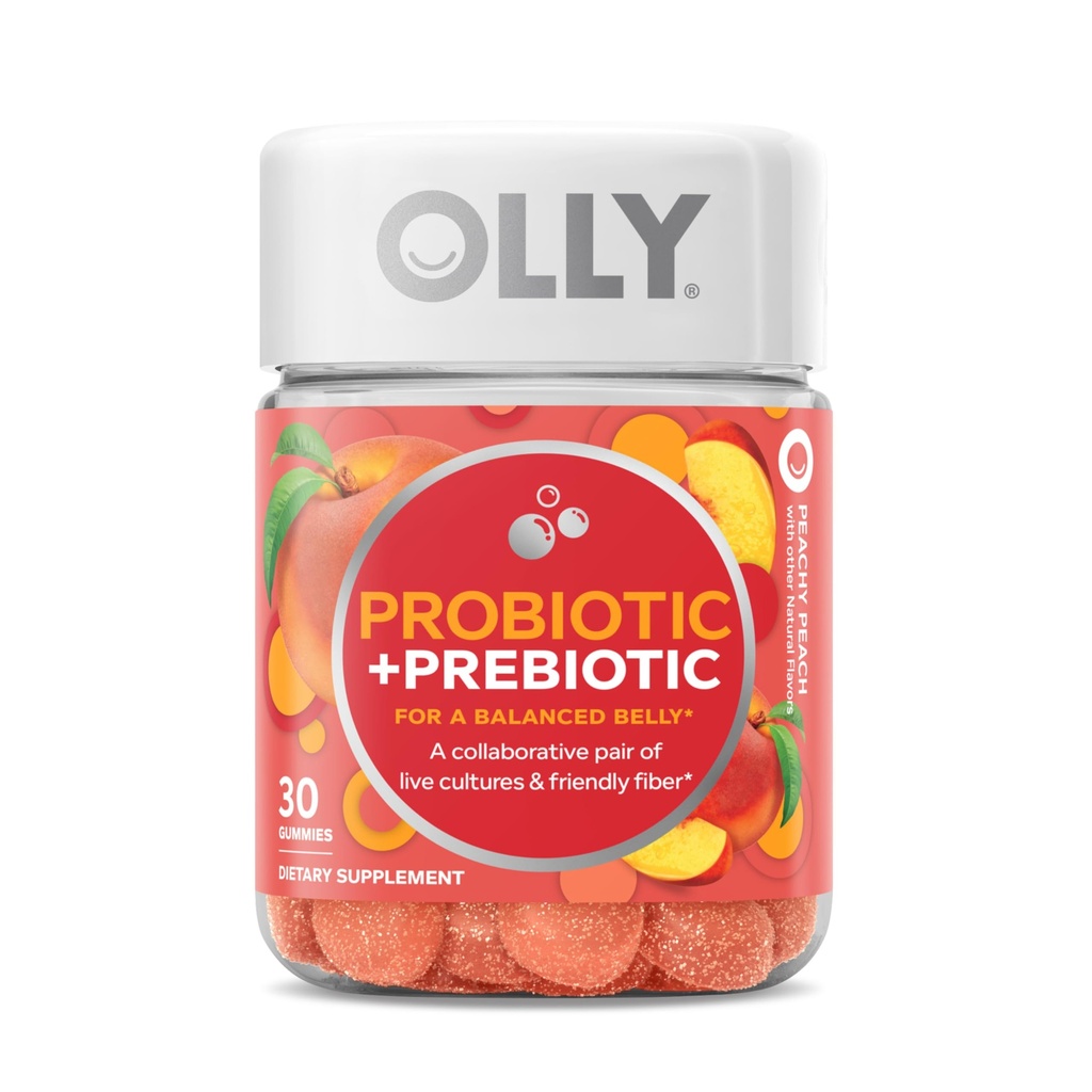 OLLY Probiotic + Prebiotic Gummy, Digestive Support and Gut Health, 500 Million CFUs, Fiber, Adult Chewable Suplemento para Hombres y Mujeres, Peach, 30 Day Supply - 30 Count