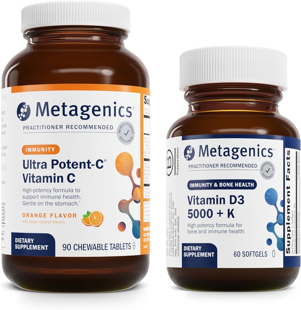 Metagenics Bundle - Ultra Potent-C Chewable " D3 5.000 + K - 90 Tablets of Ultra Potent-C Chewable for Immune " Antioxidant Support - 60 Softgels of D3 5,000 + K for Immune, Heart " Bone Health