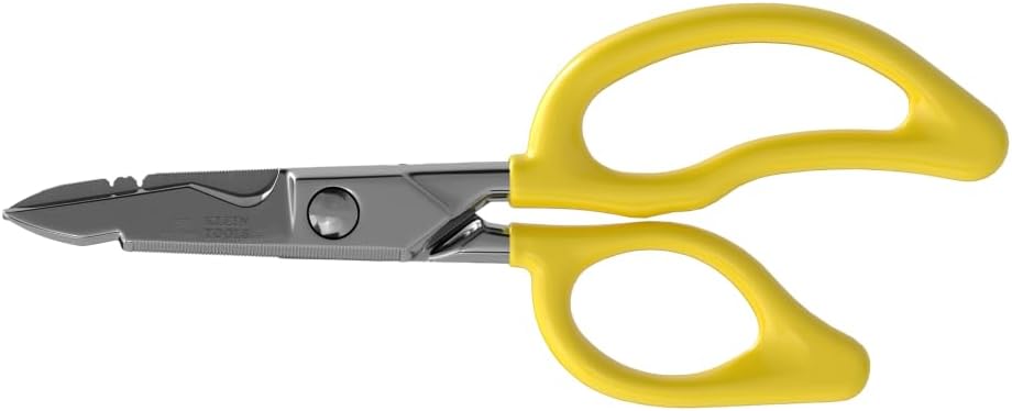 Klein Tools 26001 Electrician Scissors, Made in USA, 6.75-Inch All-Purpose Heavy-Duty Snips, Cable Cutting Notch, Serrated Blades, Deburr Notch, Wire Stripper