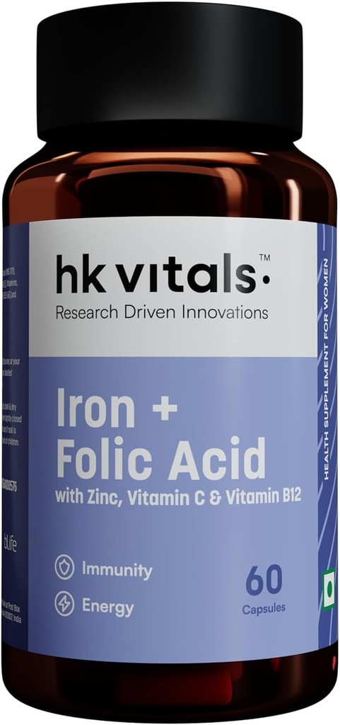 Research Driven Innovations Iron + Folic Acid with Zinc, Vitamina C &amp; Vitamin B12 Suplemento (60 Capsules) ← Apoyos Blood Building ← Inmunity and Energy