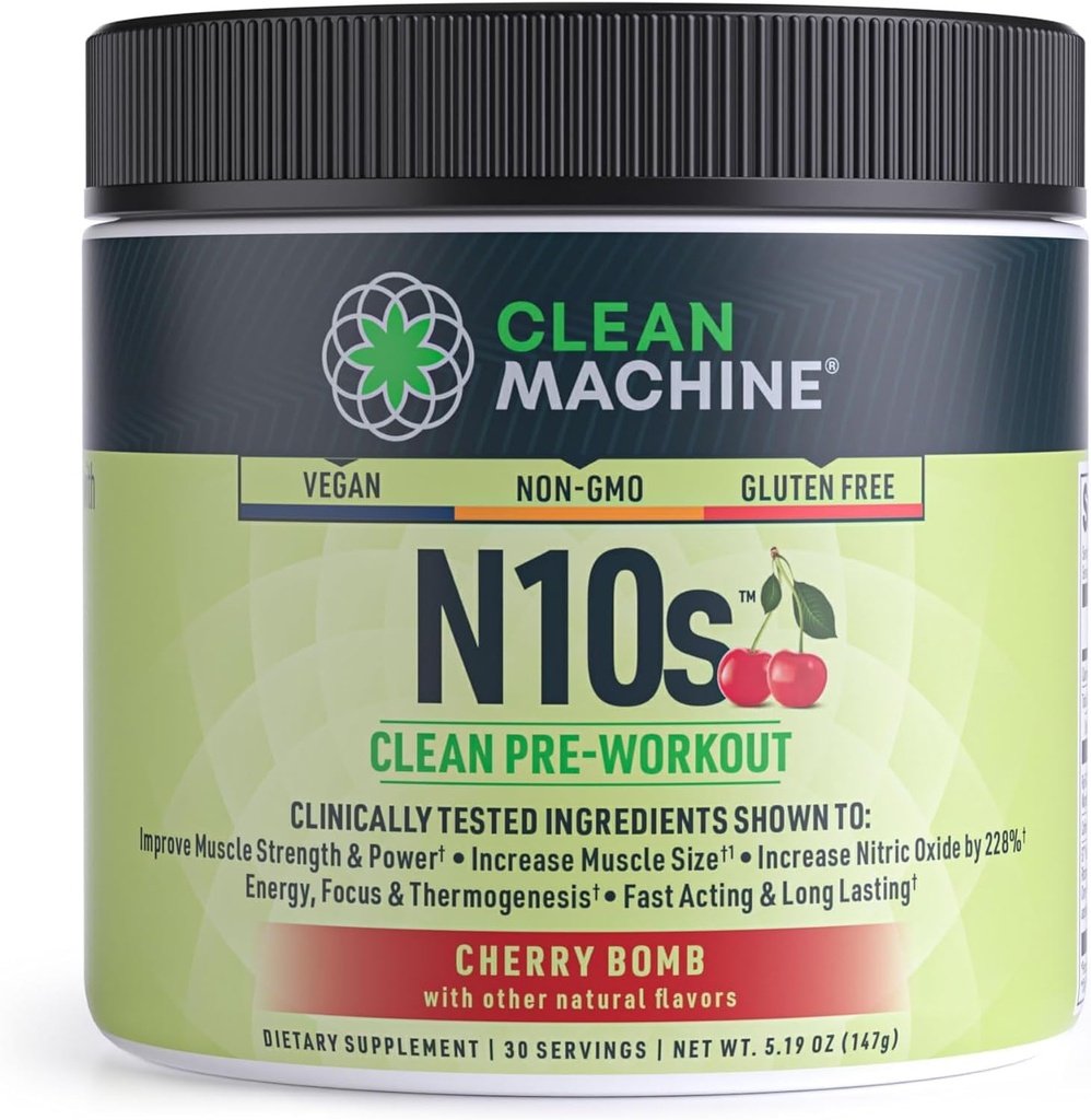 CLEAN MACHINE N10s Pre Workout Powder - Vegan Energy Supplement with 3 Clinically Tested Patented Ingredients for Muscle Size, Strength, Pump & Endurance - Non-GMO, 30 Servings