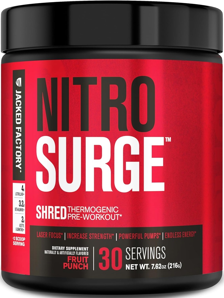 Jacked Factory NITROSURGE Shred Pre Workout Supplement - Energy Booster, Instant Strength Gains, Sharp Focus, Powerful Pumps - Nitric Oxide Booster & PreWorkout Powder - 30Sv, Fruit Punch