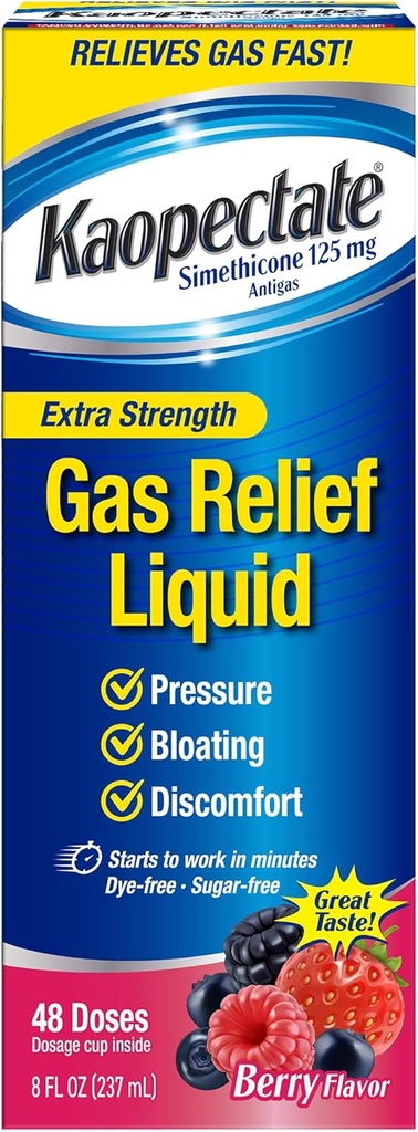 Kaopectate Extra Strength Gas Relief Liquid, Mixed Berry Flavor, Alivia Gas, Bloating and Pressure, Simethicone 125 mg, 8 oz