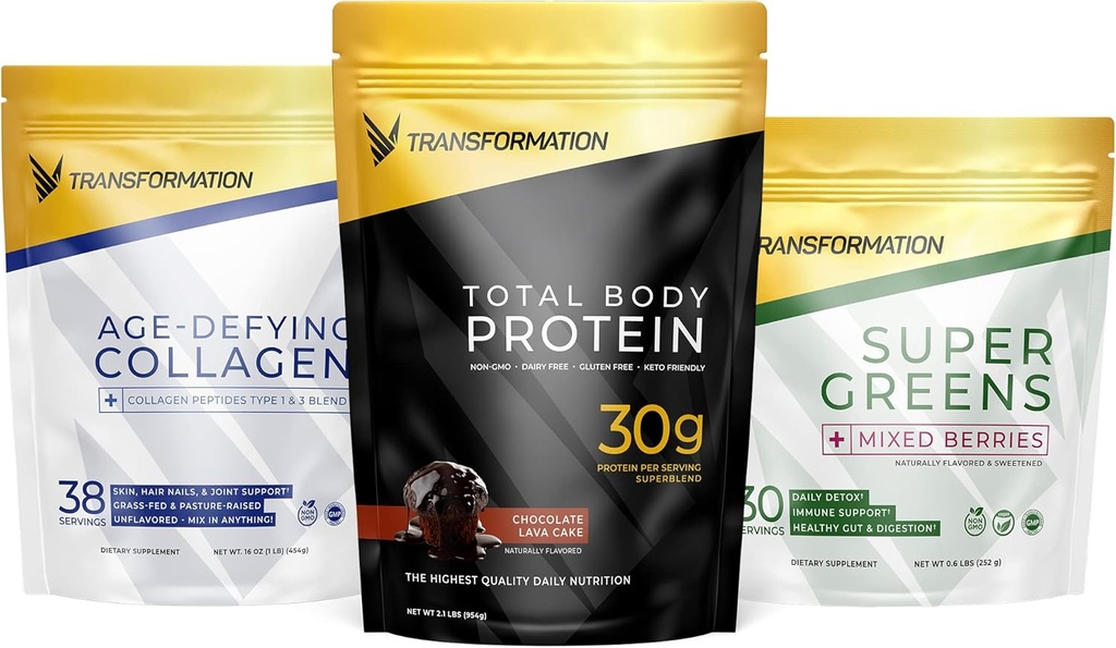 Transformation Chocolate Protein Powder ← 30G Multi-Protein Superblend+ Grass-Fed Hydrolyzed Collagen Peptides Powder- Hair, Skin, Nails+ Orgánico Super Greens Superfood Powder- Immune & Energy Support