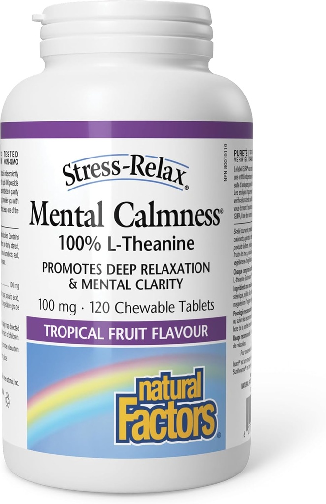 Stress-Relax Chewable Suntheanine L-Theanine 100 mg por Factores Naturales, Estrés no Domado Apoyo para la calma mental y la relajación, sabor de frutas tropicales, 120 tabletas