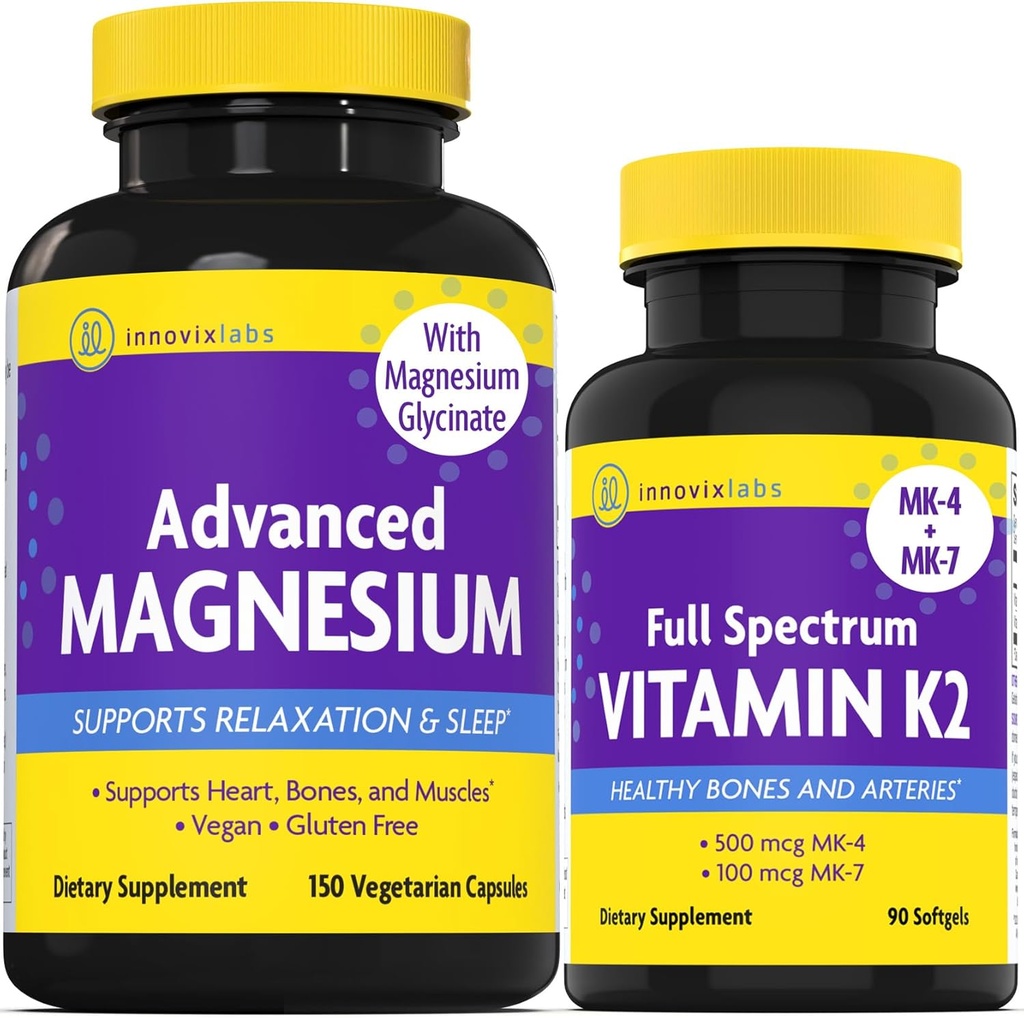 InnovixLabs Vitamin K2 &amp; Magnesium Bundle Full Spectrum Vitamin K2 (90 softgels) Advanced Magnesium (150 cápsulas de liberación del tiempo). Soporta los huesos saludables y las arterias. *