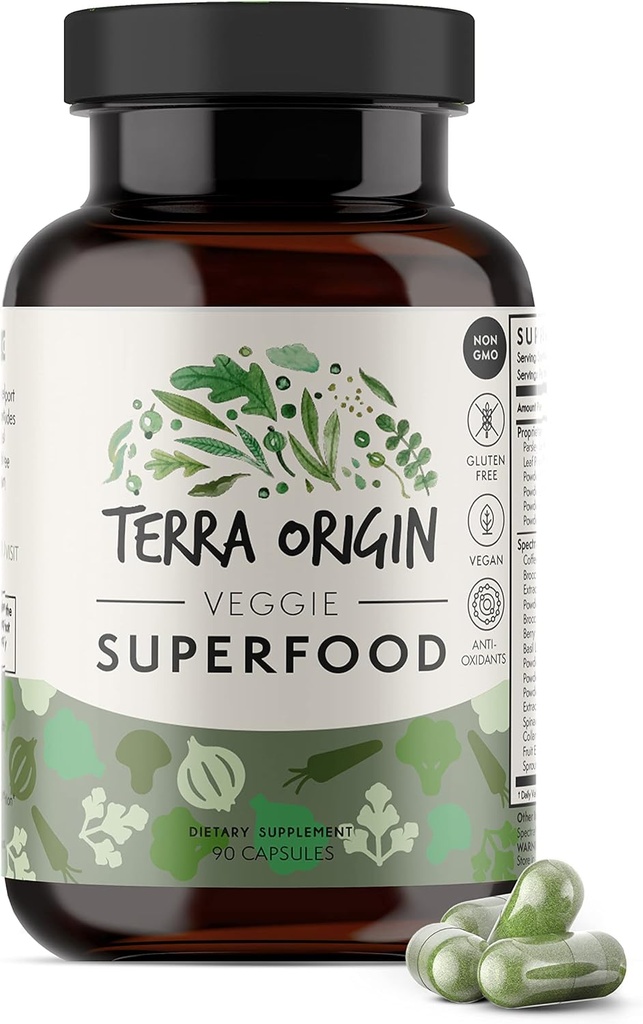 TERRA ORIGIN Veggie Superfood Suplemento TENIDO 90 Veggie Capsules TENIDO NO GMO, Gluten Free, Vegan y Made in USA TENIDO Antioxidante natural para adultos