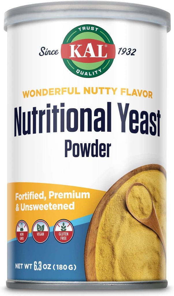 KAL Nutritional Yeast Powder, Fortified with B6, B12, Folic Acid and Other B Vitamins, Premium and Unsweetened, Great Nutty Flavor, Vegan, Gluten Free, Non-GMO, 60-Day Guarantee, 20 Servings, 6.3oz
