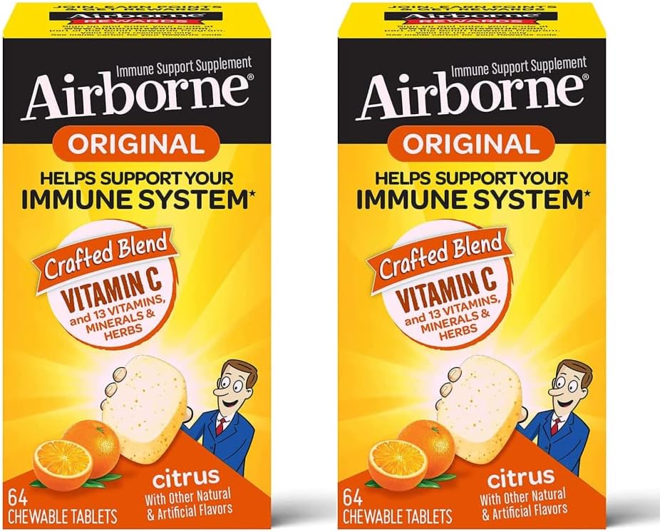 Vitamina C 1000mg (por servicio) - Citrus Chewable Tablets (64ct/Box), Gluten-Free Immune Support Suplemento, Vitaminas A C E, ZINC, Selenium, Echinacea, Ginger, Antioxidantes (2-Pack)