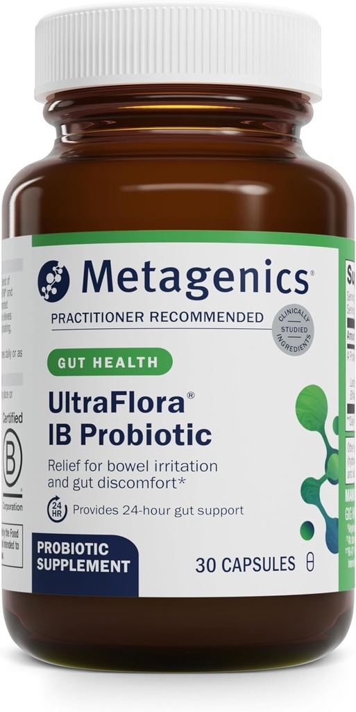 Metagenics UltraFlora IB Probiotic - Alivio para el trastorno intestinal ocasional* - Probióticos para la salud digestiva* - Anti-Bloat for Men &amp; Women* - 60 Billion CFU - Non-GMO, Gluten-Free - 30 cápsulas