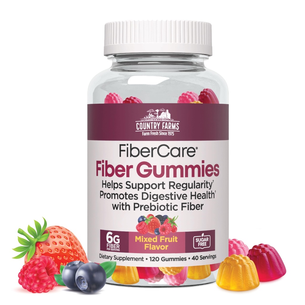 Country Farms Fiber Care Prebiotic Gummies, 6g of Fiber Per Serving, GLP-1 Booster, FOS de Beets, Digestive Health, Supports Regularity, Mixed Fruit Flavor, 120 Gummies, 40 Servings