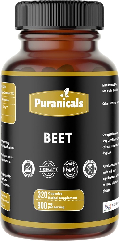 Beet Premium 320 Capsules Nitric Oxide Booster ← Herbal Supplement TEN 900 mg Por Serving Silencio Hecho con 100% Pure Beetroot Powder (Beta Vulgaris)