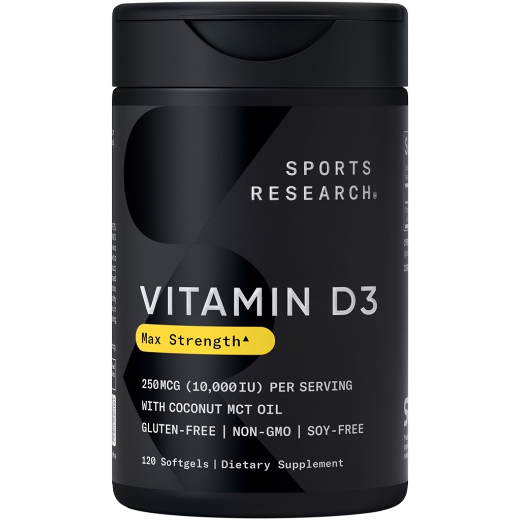 Investigación Deportiva 10.000 iu Vitamina D3 Suplemento con aceite de coco orgánico - Vitamina D para Huesos Fuertes &amp; Salud Inmunitaria - Apoyo Calcio Absorción - No GMO - 250mcg, 120 Mini Softgels para Adultos