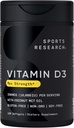 Investigación Deportiva 10.000 iu Vitamina D3 Suplemento con aceite de coco orgánico - Vitamina D para Huesos Fuertes &amp; Salud Inmunitaria - Apoyo Calcio Absorción - No GMO - 250mcg, 120 Mini Softgels para Adultos
