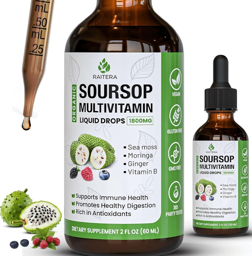 Soursop Graviola Multivitamina Liquid Drops 1800mg, Organic Soursop Bitters Liquid, Antioxidant Blend Sea Moss, Vitamina B6, C, D3, Extracto de hoja pura, Apoyo a la inmunidad, 98% Absorción, Vegan, 2 fl oz