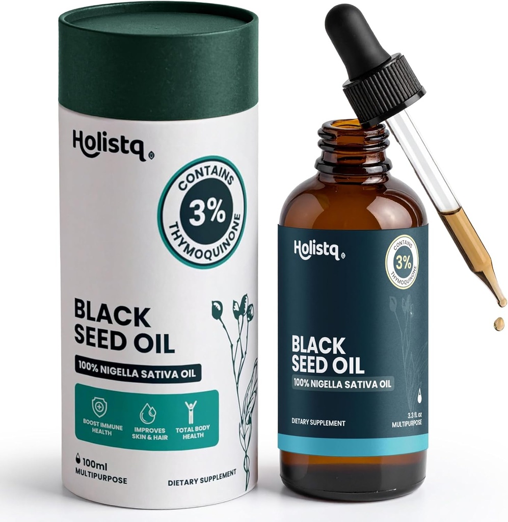 Holistiq Black Seed Oil Organic Cold Pressed Drops ← 3% Thymoquinone ¦ Non-GMO & Vegan ¦ Cold Pressed Black Cumin Nigella Sativa Oil for Immune Support, Aceite de Comino Negro - Drops, 100 mL