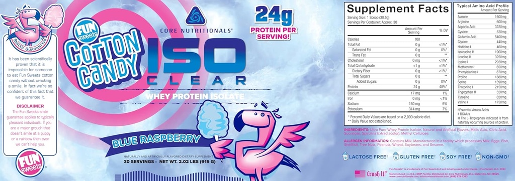 Nutriciones básicas Iso Clear Whey Protein Isolate ← Baja Calorie, Carb, " Fat TEN Lactose Free " Easy to Digest TEN 24g Protein, Zero Sugar TEN 2 Pound (Fun Sweets Blue Raspberry)