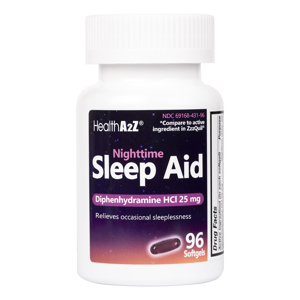 HealthA2Z Sleep Aid, Diphenhydramine HCl 25mg Softgels, Supports Deeper, Restful Sleeping, Non Habit-Forming (96 Softgels)