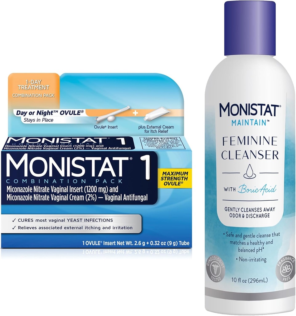 Monistat 1 Día Tratamiento de la Infección de la Levadura para Mujeres, 1 Miconazol Ovule Insertar &amp; Monistat Externo Anti-Itch Cream Bundle + 10 fl oz Boric Acid Feminine Cleanser
