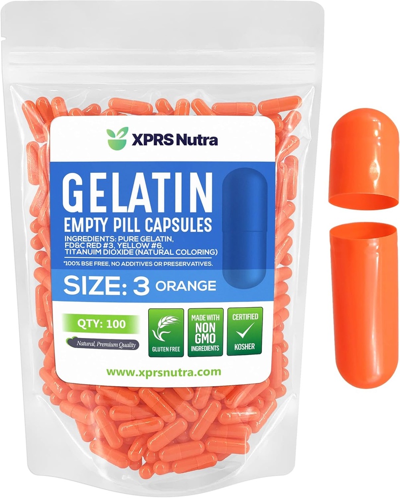 XPRS Nutra Size 3 Empty Capsules - 100 Conde Empty Gelatin Capsules - Pills DIY Capsule Filling - Pure Bovine Pill Gel Caps Fillable for Do-It-youself Vitamins and Supplements (Orange)