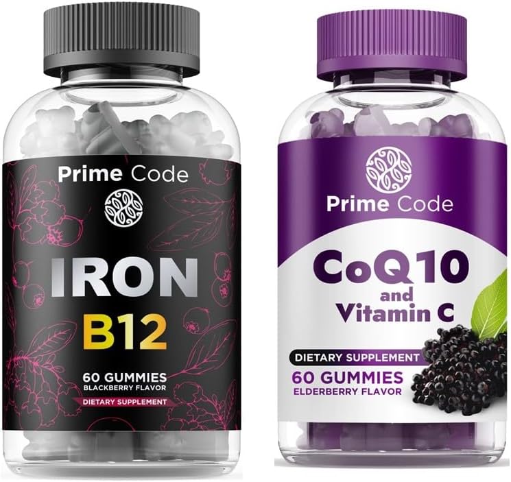 Código Iron Gummies para Hombres Mujer con Vitamina B12, [2 en 1] CoQ10 200mg &amp; Vitamina C 250mg Gummies