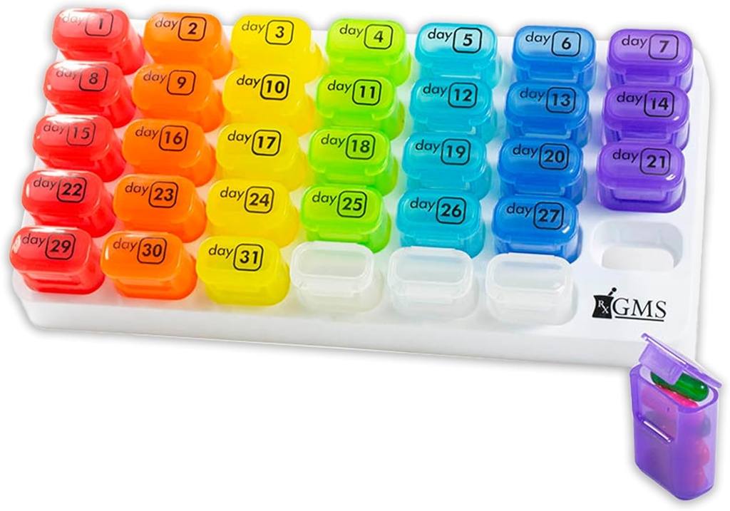 Organizador mensual de píldoras - 31 días Pop Out Pill Pods for Supplements, Vitamins & Medications - Ideal para uso diario " Travel - Rainbow