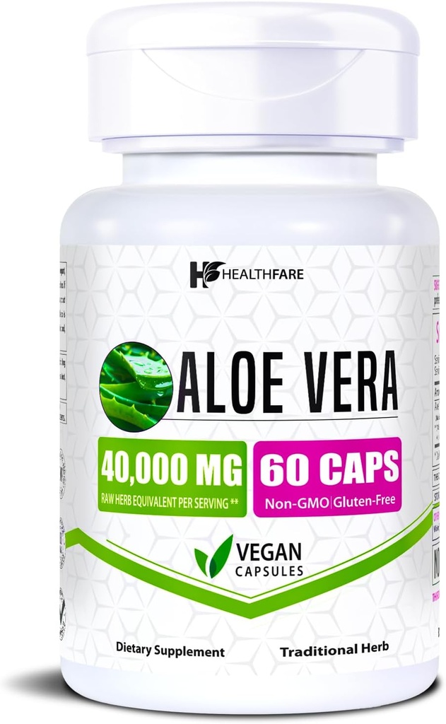 Healthfare Aloe Vera Capsules 40,000mg ❌ 60 Vegan Pills ← Inner Leaf Aloe Vera Extract Supplement ← Gut Health &amp; Digestive Support ← Non-GMO, Gluten-Free TEN Made in USA