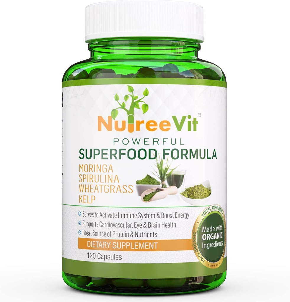NutreeVit 100% Organic Powerful Superfood Formula - Immune System Booster Energy Pills with Moringa, Spirulina, Wheatgrass, and Kelp - 240 Count Bottle