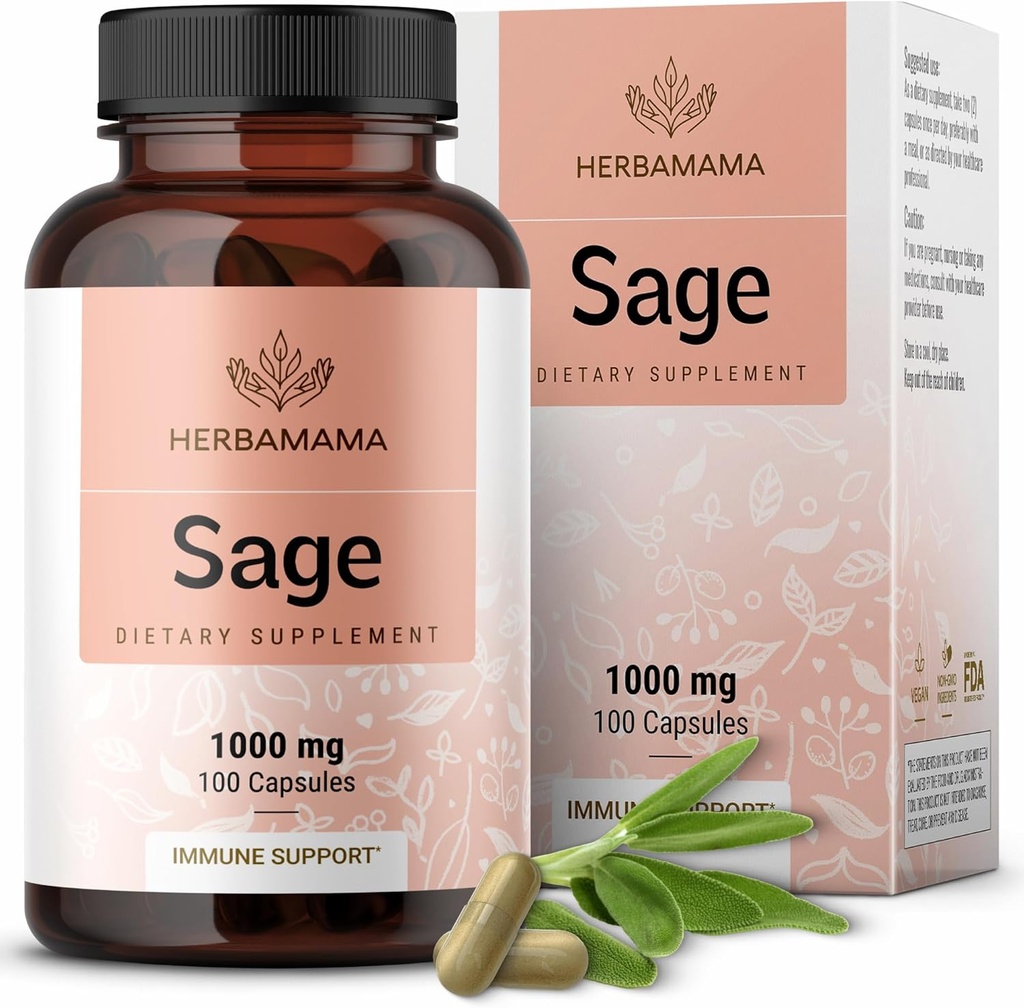 HERBAMAMA Sage Capsules - 1000mg Natural Digestive & Immune Support - Hojas de sabio para la claridad cerebral – Vegan, Salvia Officinalis Antioxidante Suplemento