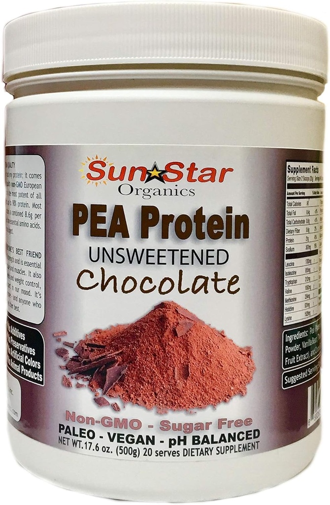 Pea Protein Powder - Unsweetened - Chocolate with Cocoa Powder & Vanilla Bean - Soy Free, Non-GMO 17.6 oz