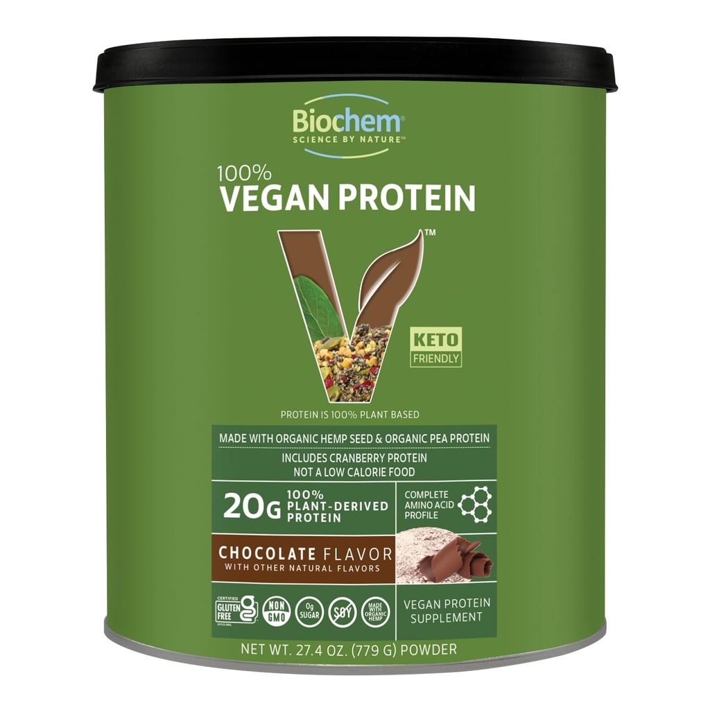 Biochem 100% Vegan Protein, Aminoácidos Naturales, Gluten Free, Keto, Non Whey, Pea &amp; Hemp Protein Powder for Women and Men, 24 Servings 2 LB (Chocolate)