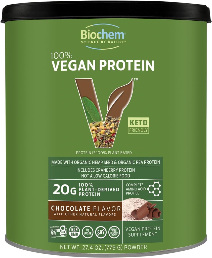 Biochem 100% Vegan Protein, Aminoácidos Naturales, Gluten Free, Keto, Non Whey, Pea &amp; Hemp Protein Powder for Women and Men, 24 Servings 2 LB (Chocolate)
