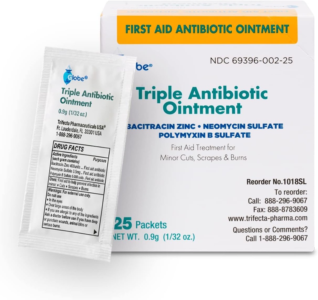 Globo (25 Pack Triple Antaño Antibiótico Embalaje Único, Kit de primeros auxilios para rascacielos menores, heridos, cortes y quemaduras, previene la infección, ingredientes activos comparación con la marca líder, tamaño de viaje, 0.9g