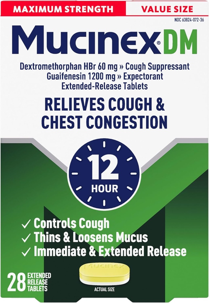 Mucinex Cough Suppressant and Expectorant, DM Maximum Strength 12 Hour Tablets, 28ct, 1200 mg Guaifenesin, Reslieve Chest Congestion, Quiets Wet and Dry Cough, #1 Doctor Recommended OTC Expectorant