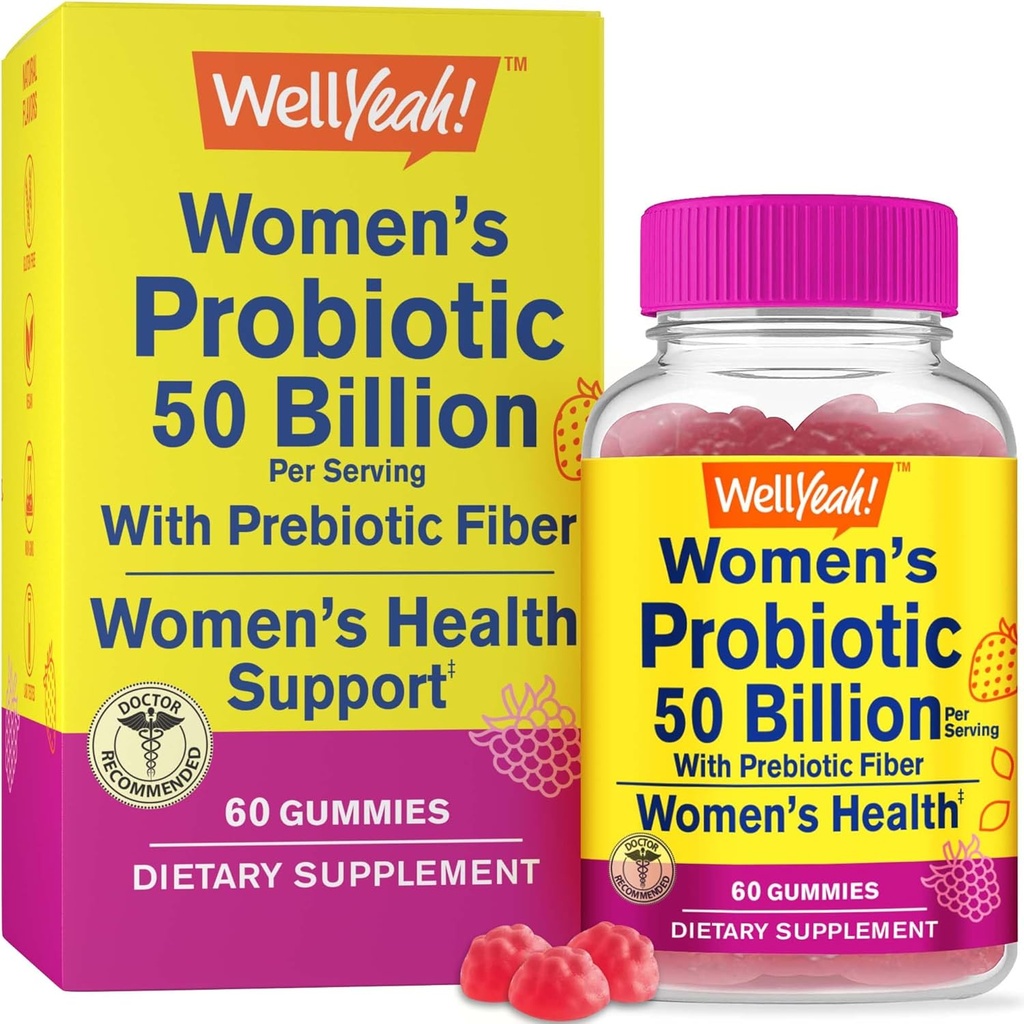 BuenoSí Mujeres Probiótico 50 millones de gummies 12 Strains - con fibra prebiótica para digestivo - Vaginal, Digestivo, Immune Suport y Gut Health - Shelf Stable Probiotic Gummies - 60 Gummies