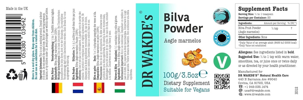 DR WAKDE'S Bilva Fruit Powder (Bael Fruit ← Aegle Mermelos) - 100g (3.5oz) ← Pure, Raw &amp; Dried Powder ← Ayurvedic Herb ← Vegan ← Nada Añadido, Nada eliminado Silencio